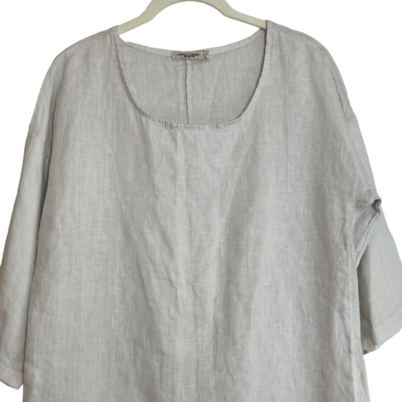 Lungo L'Arno Womens Linen Tunic Size Medium Sand 3/4 Sleeve Ruffled Hem Italy - Picture 2 of 7